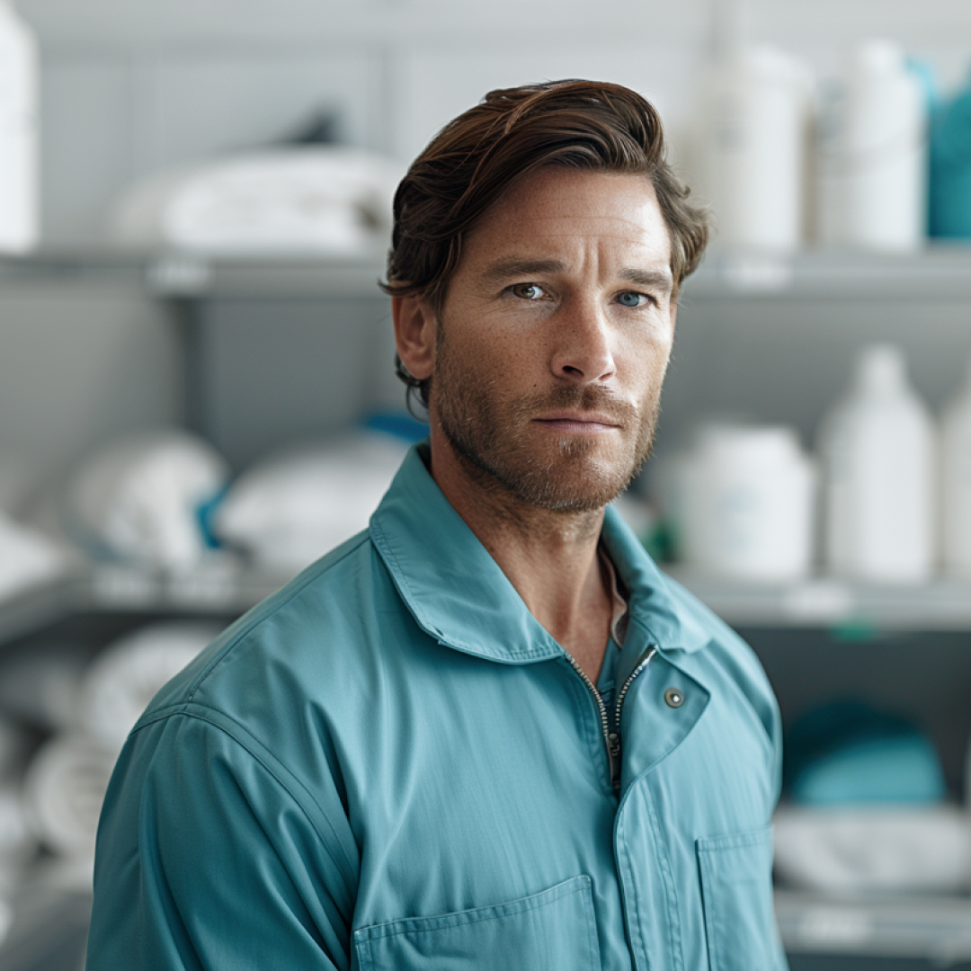 A man with medium-length hair wearing a teal jacket stands in a setting with various containers, likely related to a work environment. He has a serious expression and is looking directly at the camera.